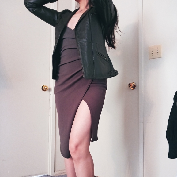 Leather Moto Jacket, Dark Green - Picture 2 of 8